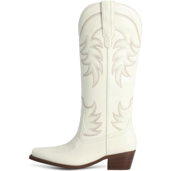 ⚡Women's White Knee High Chunky Heel Pointed Toe Wide Calf Pull On Embroidered - Picture 2 of 5